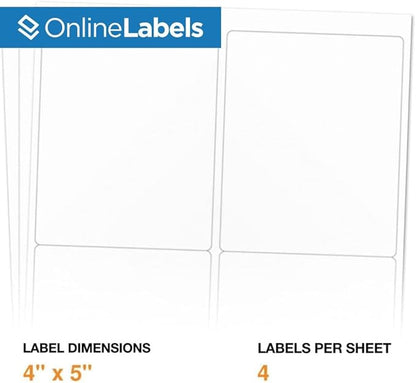 4 x 5 Rectangle Mailing Labels - Permanent, White Matte - Shipping, Wine, Product - Pack of 20,000-5,000 Sheets - Inkjet/Laser Printers - Online Labels