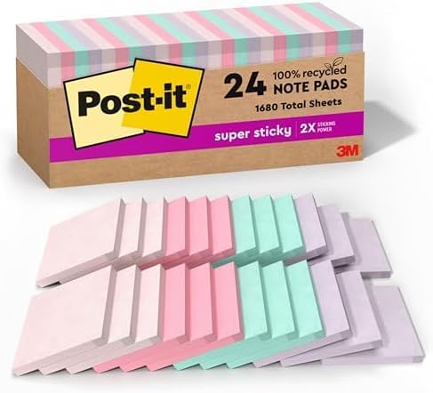 Post-it Super Sticky Notes 3x3 inch Wanderlust Pastels | 100% Recycled Paper | 2X Sticking Power | For Office & School | 24 Pads, 70 Sheets, Pack of 8