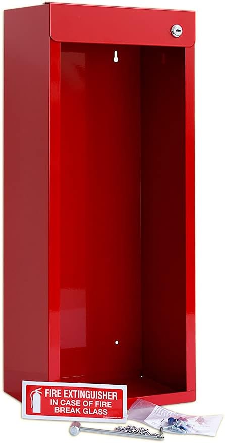 Fire Extinguisher Mount - Red Cabinet with Break Glass Window & Breaker Bar - 22 Gauge Steel, Powdercoat Finish, Universal Wall Mountability, 5 -10 lb. Capacity, Made in USA, Extinguisher Not Included
