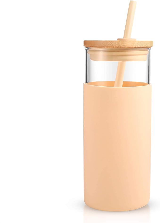Tronco 20 oz Glass Tumbler with Lid and Straw, Iced Coffee Cup and Smoothie Cup with Bamboo Lids & Protective Silicone Sleeve, Dishwasher Safe, BPA-Free, Glass Cup 1 Pack
