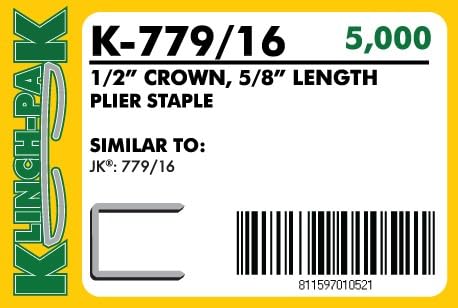 K-779/16, 5/8” Leg Length by 1/2" Wide Crown Heavy-Duty Galvanized Plier Staples, 5000 Per Package, Similar to JK779 Staples, for stapling Trays, Lids, Header Cards, Fastening End Caps