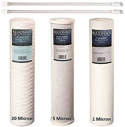 Bluonics 110W UV Ultraviolet Light Plus Sediment and Carbon Well Water Filter Purifier System with NPT 1" Ports, 24 GPM with 3 Filter Size 4.5" x 20" Filters