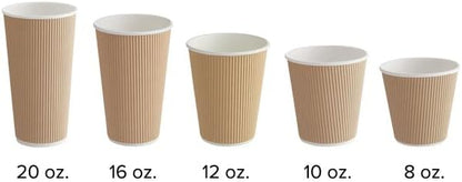 Double Wall Rippled Kraft Paper Hot Cup, 12 oz, Round, Insulated, Disposable, 500/Case, 4.25 Inches Height