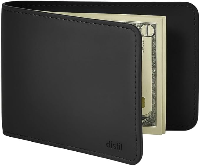 Distil Union Wally Classic RFID Wallet - No ID Window - Slim Bifold Wallet for Men with Money Clip, Premium Leather – Minimalist RFID Card Holder - Holds 12 Cards & 30 Bills - Black