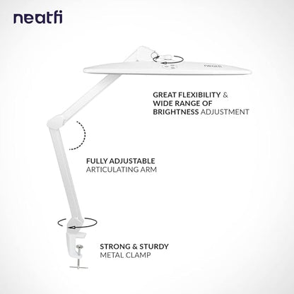 Neatfi Elite HD XL Desk Lamp with Clamp, 1600 Lumens, 22-Inch Wide Head, Non-Polar Dimming, 84 SMD LEDs, 6500K, Task Light for Home, Office, Study Room (Non-CCT with Clamp, White, 22 Inches)
