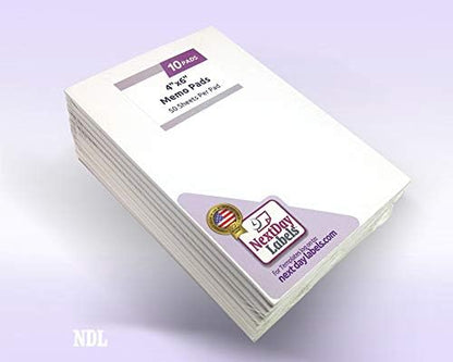 NextDayLabels - Memo Pads, 10 Notepads with 50 – 4x6 Sheets Per Scratch Pad, White, 50#, Office and School Supplies for Writing Notes, Grocery Shopping, To Do Lists, Servers, Small Blank Paper (4x6)