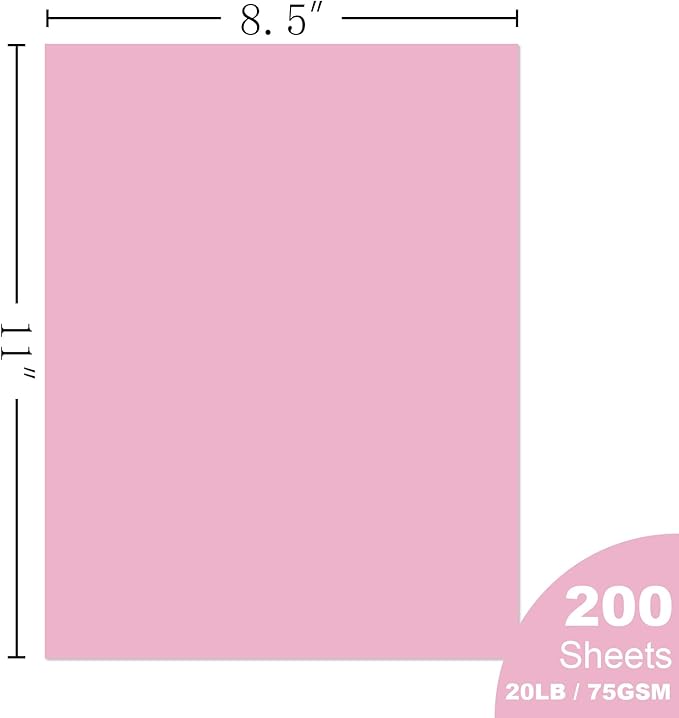 Woodlake Pink Copy Paper, Colored Printer Paper, 8.5 x 11”, 20 LB / 75 GSM Computer Paper, 200 Sheets, Multi-Purpose Pastel Paper, Made in USA