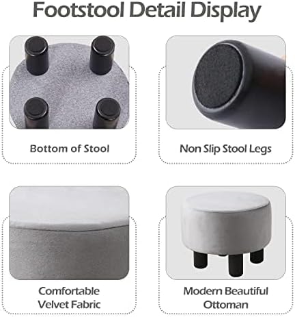 Cpintltr Foot Stool Velvet Ottoman Round Footstool for Couch Desk Soft Step Stool Padded Foot Rest with Non-Skid Pine Legs Multiple Colors Furniture for Hallway Office Lounge Dorm Room Grey -