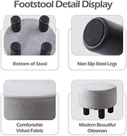 Cpintltr Foot Stool Velvet Ottoman Round Footstool for Couch Desk Soft Step Stool Padded Foot Rest with Non-Skid Pine Legs Multiple Colors Furniture for Hallway Office Lounge Dorm Room Grey -
