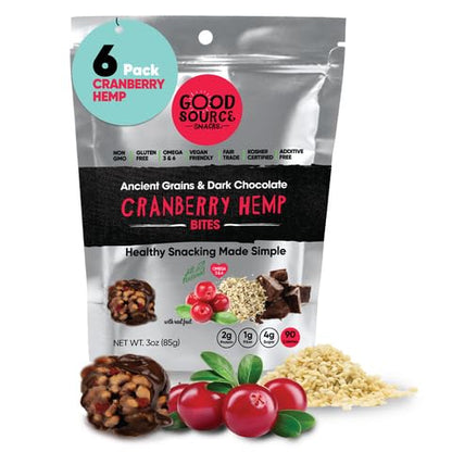 Good Source Snacks Dark Chocolate Bites & Ancient Grains, Cranberry Hemp, 6 Pack, 3 oz, Vegan, Gluten Free, Non GMO, Kosher Protein Bites