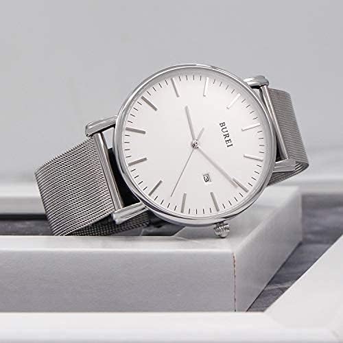 BUREI Men Watches Brown Leather Fashion Minimalist Wrist Watch Simple Ultra Thin Waterproof Quartz Watches All Black Stainless Steel Mesh Band,Gift for Men Women