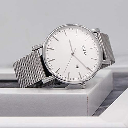 BUREI Men Watches Brown Leather Fashion Minimalist Wrist Watch Simple Ultra Thin Waterproof Quartz Watches All Black Stainless Steel Mesh Band,Gift for Men Women