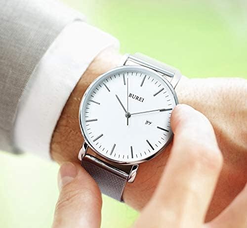 BUREI Men Watches Brown Leather Fashion Minimalist Wrist Watch Simple Ultra Thin Waterproof Quartz Watches All Black Stainless Steel Mesh Band,Gift for Men Women
