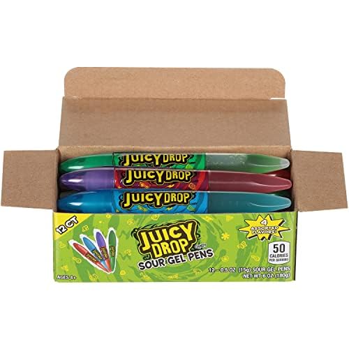 Juicy Drop Sour Candy Gel Pen, 12 Ct in Assorted Fruity Flavors, Full Size, Sour Christmas Candy Variety Pack for Stockings, Party Favors, Birthday Parties, Goodie Bags, Gifts for Kids