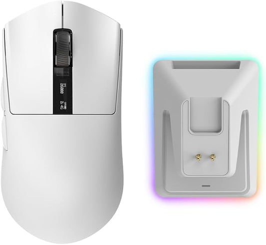 TECWARE EX1 Lightweight Gaming Mouse, 26K DPI Wireless Mouse, OLED Screen Display, 59g Lightweight, RGB Charging Dock, Tri-Mode Connectivity, Comes with PTFE Feet and Grip Tape, Gaming Mouse (White)