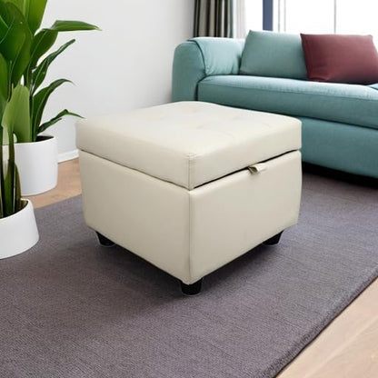 H&B Luxuries Tufted Leather Square Flip Top Storage Ottoman Cube Foot Rest (Cream with Storage)