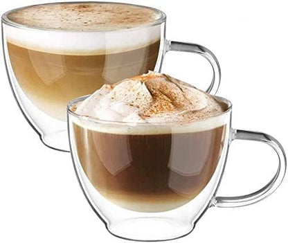 ecooe Double Walled Glass Coffee Mug 12 oz Latte Cappuccino Cups Set of 2, Clear Glass Coffee Cups with Handle, 350 ml Insulated Coffee Cup Borosilicate Heat Resistant Glass Mug Tea Cup