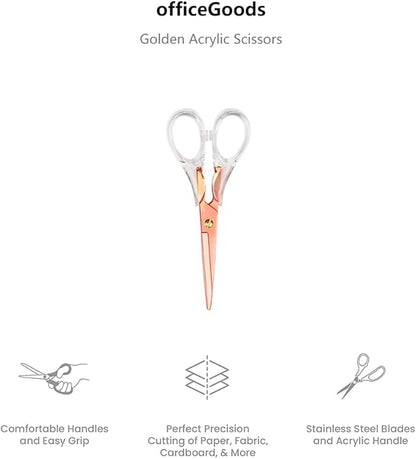 Gold Scissors, Stainless Steel Blade with Acrylic Handle, All Purpose Scissor for Office, School, Home, Fabric Shears, Tijeras (6.3" Rosegold)