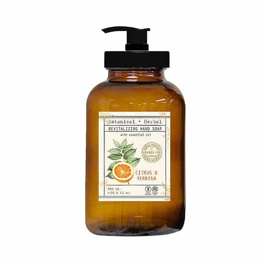 Home and Body Company Botanical + Herbal Hand Soap 22FL/605ml Infused with Essential Oils, Made in a Amber GLASS BOTTLE (Citrus Verbena)