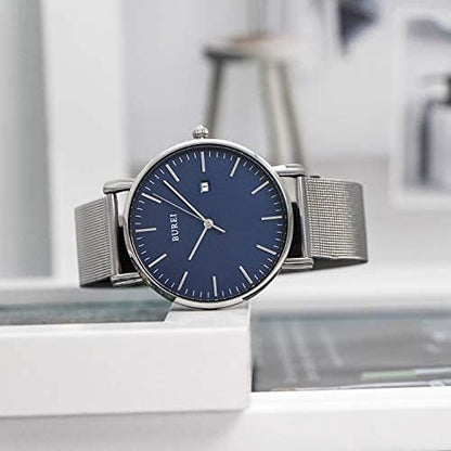 BUREI Men Watches Brown Leather Fashion Minimalist Wrist Watch Simple Ultra Thin Waterproof Quartz Watches All Black Stainless Steel Mesh Band,Gift for Men Women