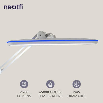 Neatfi XL LED Desk Lamp with Clamp – 2,200 Lumens, 23” Wide, Dimmable Task Light for Office, Study, Crafting & Nail Techs (Non-CCT with Clamp, White)