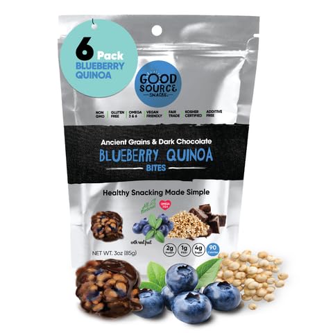 Good Source Snacks Dark Chocolate Bites & Ancient Grains, Blueberry Quinoa Chocolate Crisps, 6 Pack, 3 oz, Vegan, Gluten Free, Non GMO, Kosher Protein Bites