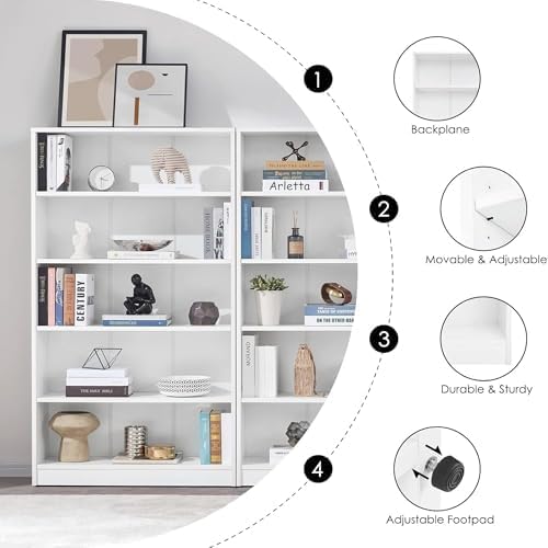 Bookshelf, 5 Shelf Bookcase Open Modern Bookshelf, Bookcase with Freestanding Display Storage, Wooden Book Shelf for Bedroom, Living Room, Dinning Room, Office, 60 Inch, White
