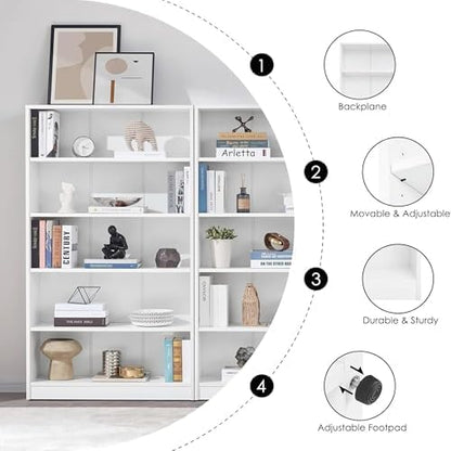 Bookshelf, 5 Shelf Bookcase Open Modern Bookshelf, Bookcase with Freestanding Display Storage, Wooden Book Shelf for Bedroom, Living Room, Dinning Room, Office, 60 Inch, White