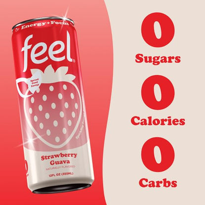 FEEL Zero Sugar Natural Energy Drink – Strawberry Guava, 140mg Plant-Based Caffeine with L-Theanine for Focus, Vitamin C for Immunity, Vegan, Non-GMO, No Artificial Sweeteners, 12 Fl Oz Cans (12-Pack)