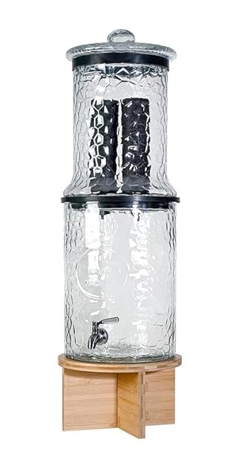 The Water Machine All Glass Purifier - Gravity Fed Water Filtration System with Activated Carbon Filters, Off Grid Emergency & Home Survival Portable Countertop Filter with Wooden Stand - 3 Gallon