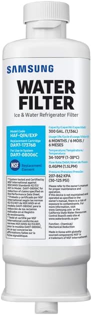 SAMSUNG Genuine Filter for Refrigerator Water and Ice, Carbon Block Filtration, Reduces 99% of Harmful Contaminants for Clean, Clear Drinking Water, 6-Month Life, HAF-QIN/EXP, 1 Pack