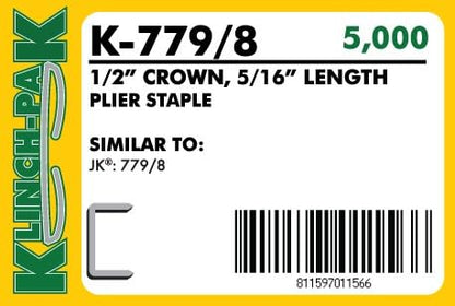 K-779/8, 5/16” Leg by 1/2" Wide Crown Heavy-Duty Galvanized Plier Staples, 5000 Per Package, for stapling Trays, Lids, Bags, Header Cards, Fastening End Caps and Container Inserts