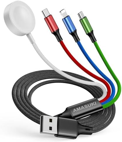 Travel Essentials 4 in 1 iWatch & iPhone Charger,Multi Charging Cable for Apple Watch Charger USB C Micro Nylon Compatible with iWatch Ultra/SE/10/9/8/7/6/5/4/3/iPhone 16/15/14/13 Galaxy Phone(4FT)