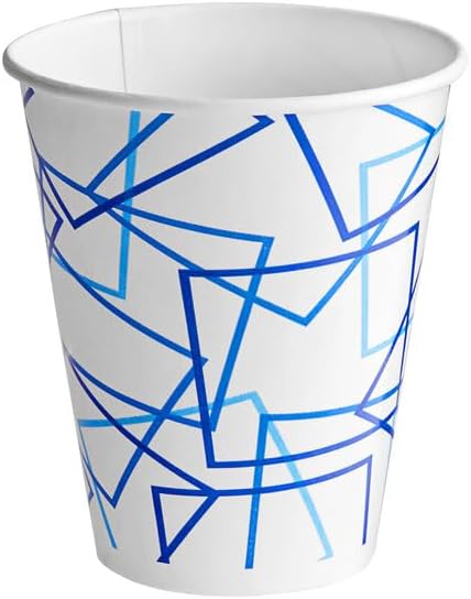 White Paper Cold Cups, 12 oz Double Poly Coated, Blue Cubed Design, Round Shape, 2000 Count Case, No PFAS Added, 4 3/8 Inch Height