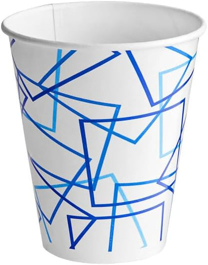 White Paper Cold Cups, 12 oz Double Poly Coated, Blue Cubed Design, Round Shape, 2000 Count Case, No PFAS Added, 4 3/8 Inch Height