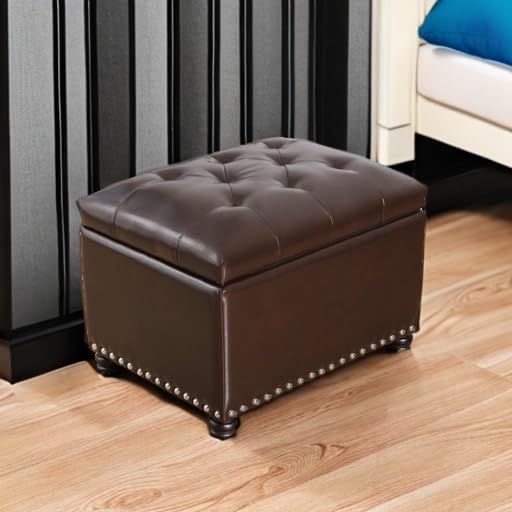 Adeco Bonded Leather Square Tufted Storage Footstool, 18" ottoman, Dark Brown
