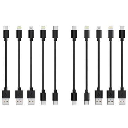[0.75FT, 10-Pack] Multi Short USB Charging Cables, Fast Charge & Sync Type-C/Lightning/Micro Cords Bulk for Charging Station Compatible with iPhone16&15, iPhone5-14, iPads, Mobiles, Tablets, Black