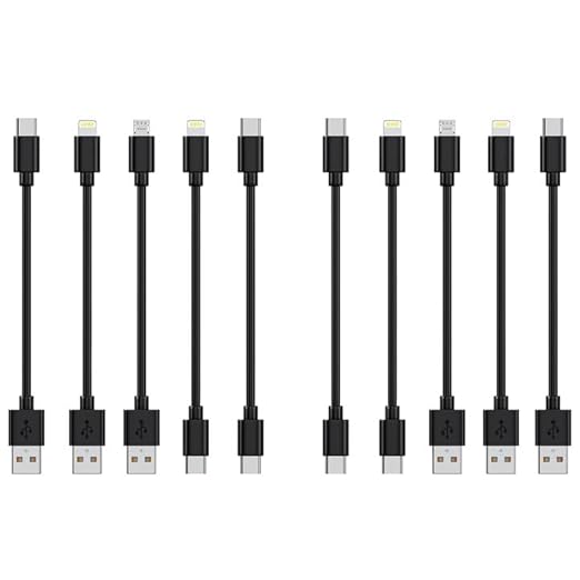[0.75FT, 10-Pack] Multi Short USB Charging Cables, Fast Charge & Sync Type-C/Lightning/Micro Cords Bulk for Charging Station Compatible with iPhone16&15, iPhone5-14, iPads, Mobiles, Tablets, Black