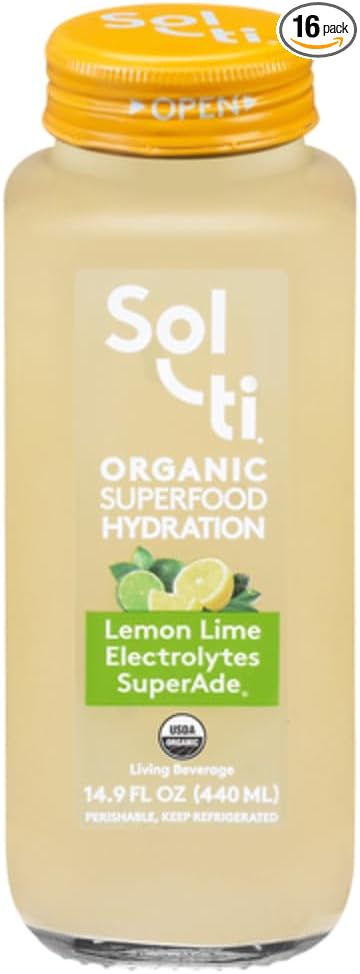 Organic Lemon Lime Electrolytes SuperAde Drink, Effective Hydration, SuperFood Lemonade by Sol-ti, Cold-Pressed Juice Blend, 16 Pack (14.9 Fl oz)