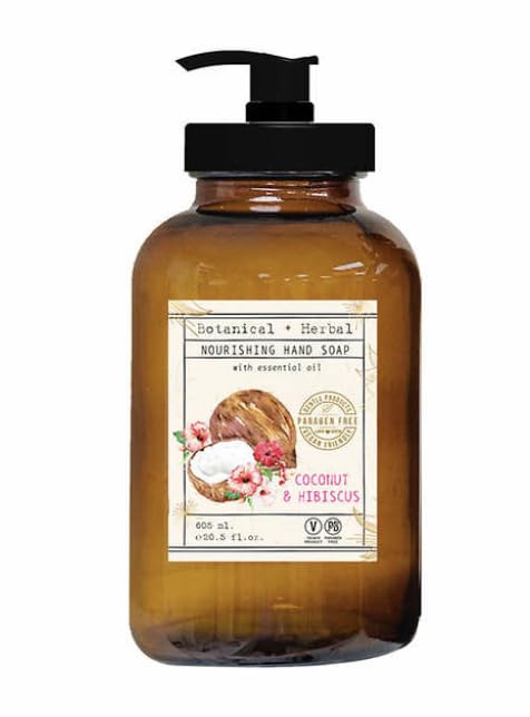 Home and Body Company Botanical + Herbal Hand Soap 22FL/605ml Infused with Essential Oils, Made in a Amber GLASS BOTTLE (Coconut Hibiscus)