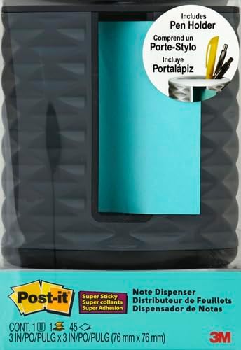 Post-it Note Dispenser, Vertical Design, Pop-Up Notes, Black with Grey Geometric Pattern, 1 Aqua Splash 3 in x 3 in Super Sticky Note Pad (Pack of 6)