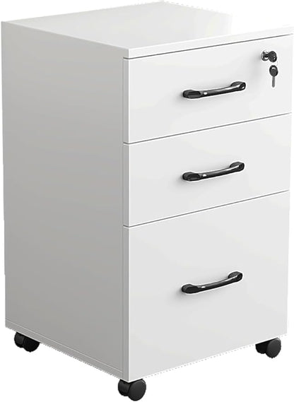 File Cabinet 3 Drawers with 1 Lock Wooden Rolling Mobile Filing Cabinet with Wheels for Home Office Under Desk File Cabinet Office Storage Cabinet, White