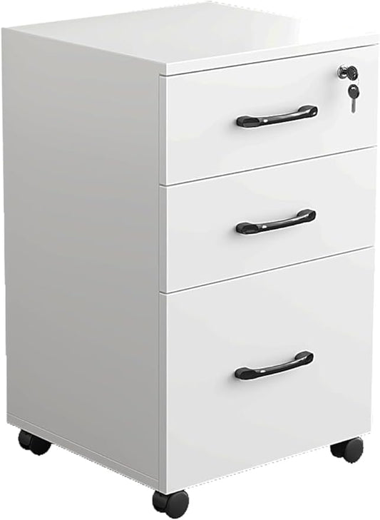 File Cabinet 3 Drawers with 1 Lock Wooden Rolling Mobile Filing Cabinet with Wheels for Home Office Under Desk File Cabinet Office Storage Cabinet, White