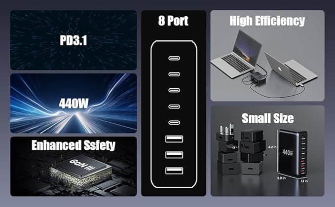 440W USB C Charger Block,8 - Port USB C Charging Station GaN IV Travel Essentials Multiple Port Charging Station,65W Laptop Fast Charger Adapter for MacBook Pro/Air,DELL,iPad,iPhone,Samsung Galaxy | Wall Chargers - TrueDesk