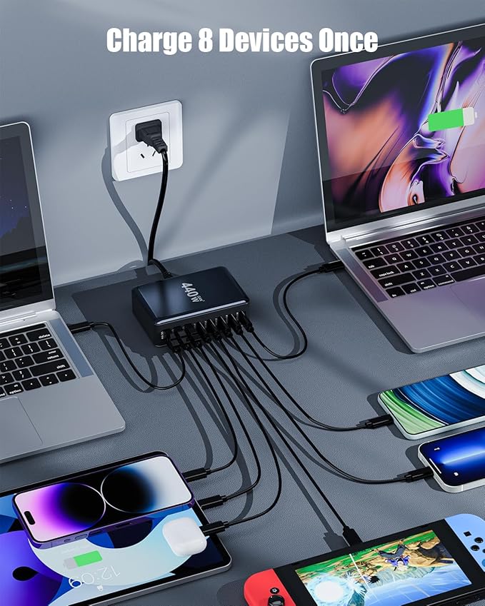 440W USB C Charger Block,8 - Port USB C Charging Station GaN IV Travel Essentials Multiple Port Charging Station,65W Laptop Fast Charger Adapter for MacBook Pro/Air,DELL,iPad,iPhone,Samsung Galaxy | Wall Chargers - TrueDesk