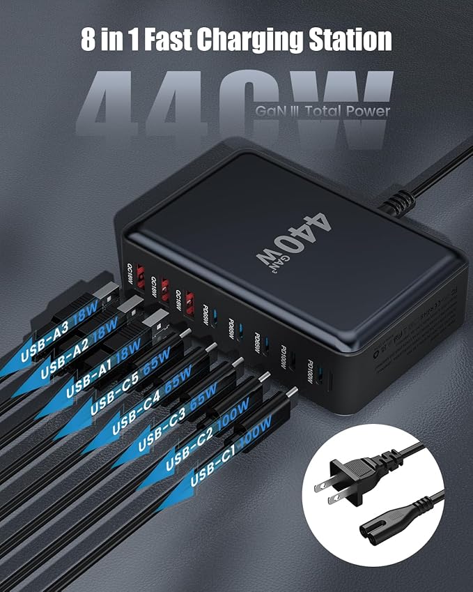 440W USB C Charger Block,8 - Port USB C Charging Station GaN IV Travel Essentials Multiple Port Charging Station,65W Laptop Fast Charger Adapter for MacBook Pro/Air,DELL,iPad,iPhone,Samsung Galaxy | Wall Chargers - TrueDesk