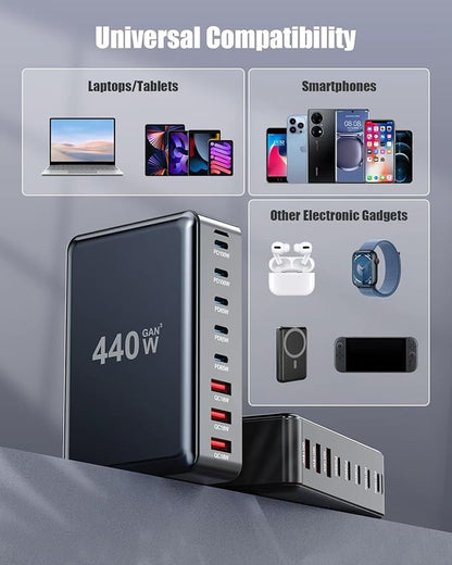 440W USB C Charger Block,8 - Port USB C Charging Station GaN IV Travel Essentials Multiple Port Charging Station,65W Laptop Fast Charger Adapter for MacBook Pro/Air,DELL,iPad,iPhone,Samsung Galaxy | Wall Chargers - TrueDesk