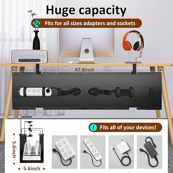 48" Gaming Under Desk Cable Management Tray, Black No Drill Cord Organizer for PC Setup, Large Anti - Sag Wire Hider, Stealth Cable Management Net for Battlestation (Black, 47.8") | Racks Cabinets - TrueDesk
