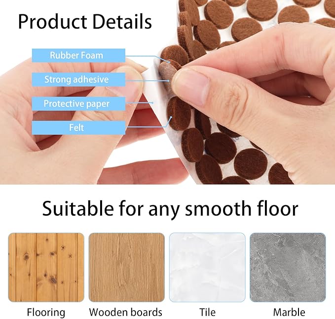 48 Pcs Brown Felt Cabinet Door Pads, 1/2 Inches Diameter Self Adhesive Felt Bumpers for Furniture Kitchen Cabinet Doors Floor Drawers Cupboards | Furniture Pads - TrueDesk