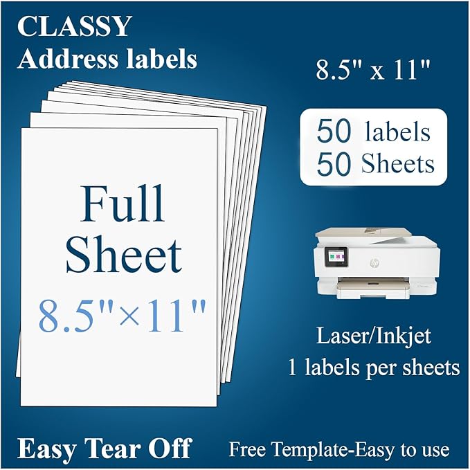 (50 Sheets, 50 Labels) Sticker Paper, 8.5" x 11" Full Sheet Shipping Address Labels, 1 Per Page Self Adhesive Mailing Label for Laser and Inkjet Printers | Shipping Handling Labels - TrueDesk